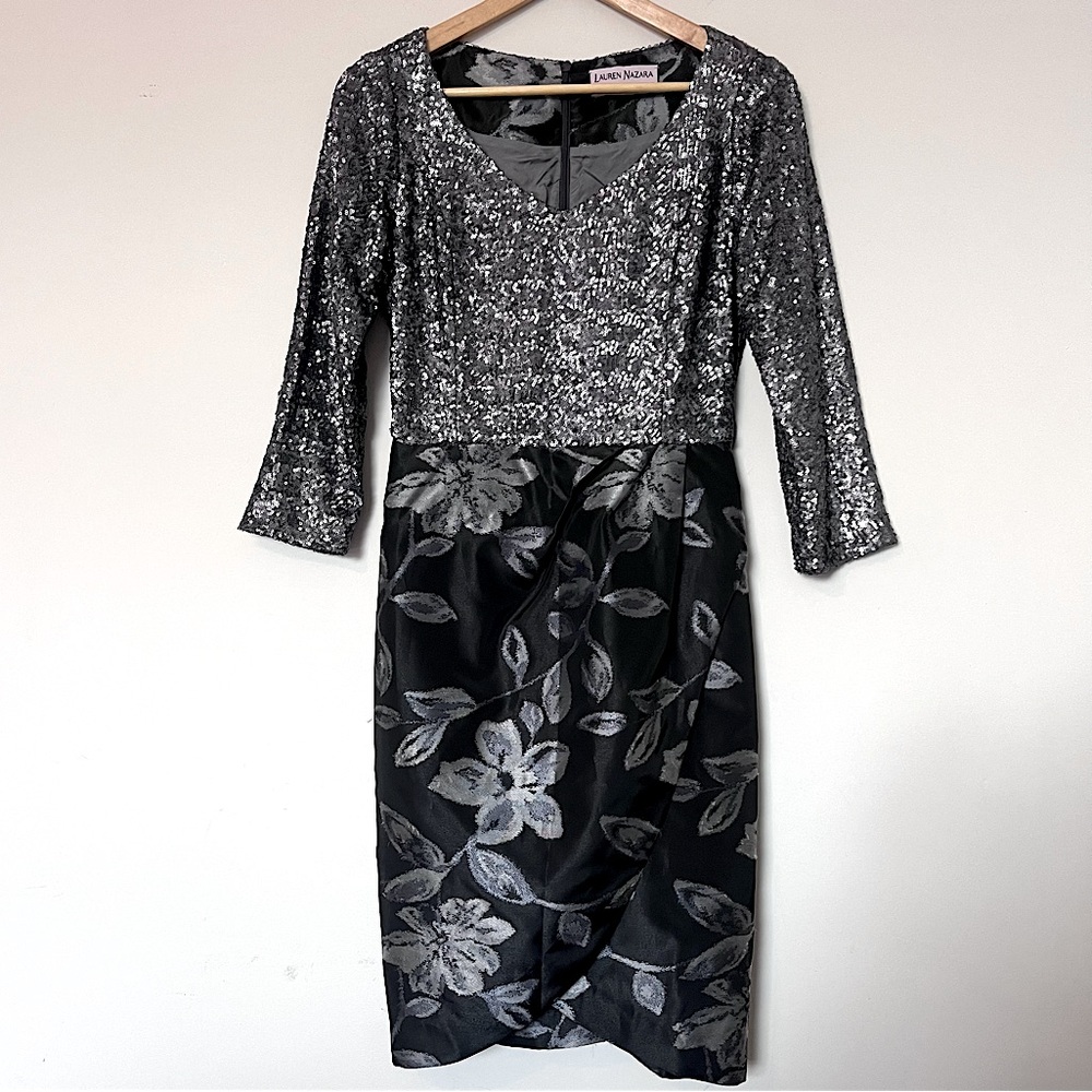 Lauren Nazima Silver Sequin Floral Brocade Cocktail Dress – Size 4 - Picture 2 of 10
